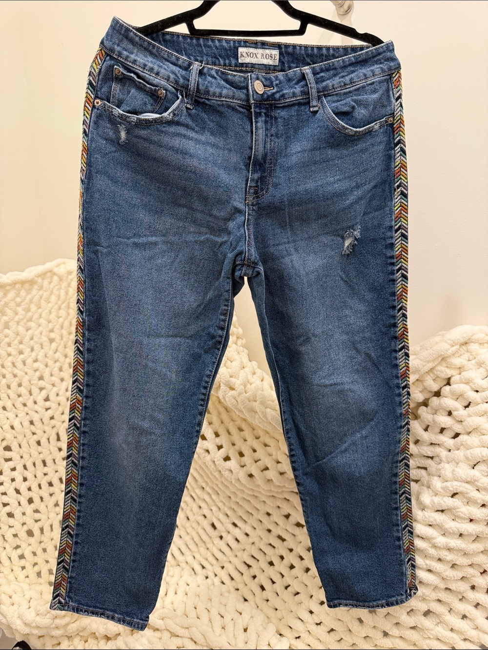 Knox Rose Medium Blue Denim Jeans with Multicolor Chevron Side Trim